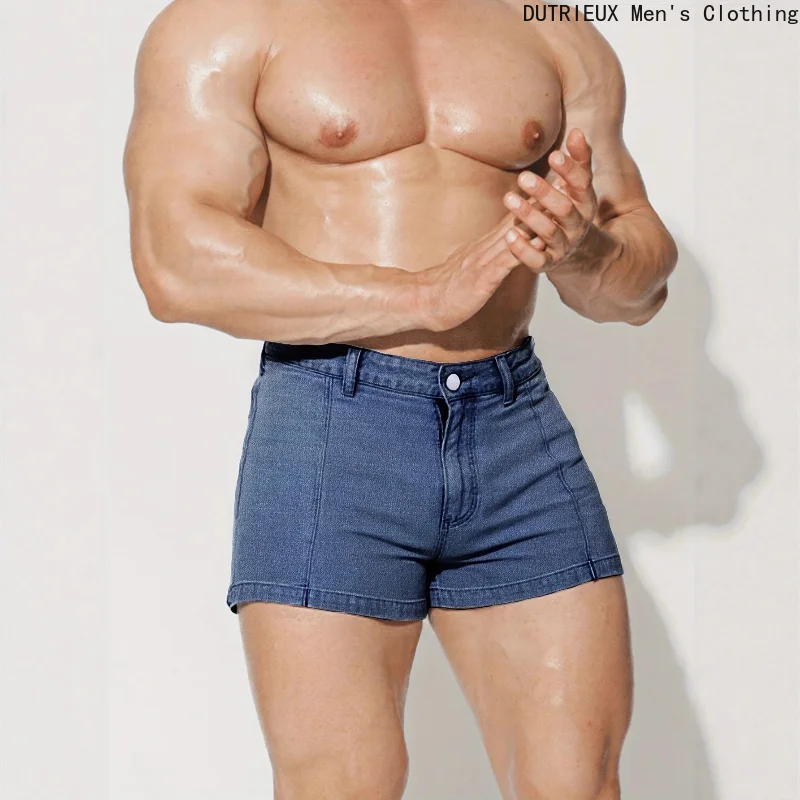Męskie niebieskie szorty jeansowe slim fit, elastyczne szorty dżinsowe, letnie, codzienne, obcisłe szorty męskie, modne, codzienne męskie letnie spodnie plażowe.