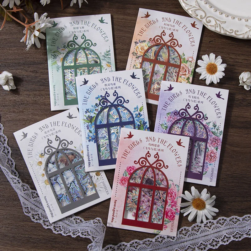 20Sheets Stickers Bird And Flower Series Flower Bird Collage Laser Silver Stickers Retro Flower Window Hand Account Decoration