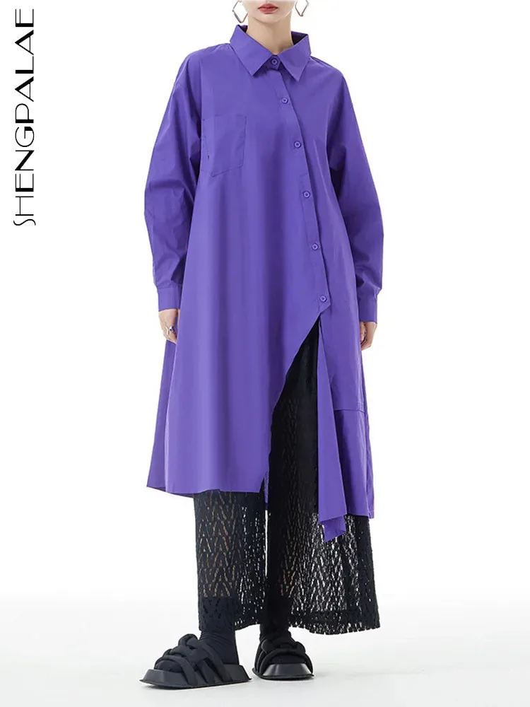 SHENGPALAE Women Purple Irregular Button Slit Big Size Shirt Dress New Lapel Long Sleeve Fashion Tide Spring Autumn 2024 1DH4827