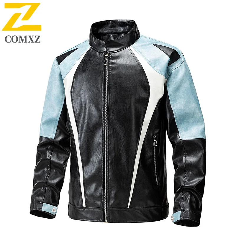 

Men's Biker Windbreaker Color Block PU Leather Hybrid Jacket Waterproof Windproof Stand Collar American Style Vintage Outerwear