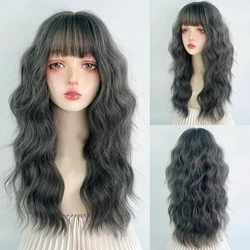 VICWIG Long Wavy Curly Grey Black Wig with Bangs Synthetic Lolita Cosplay Women Hair Heat Resistant Wig for Daily Party