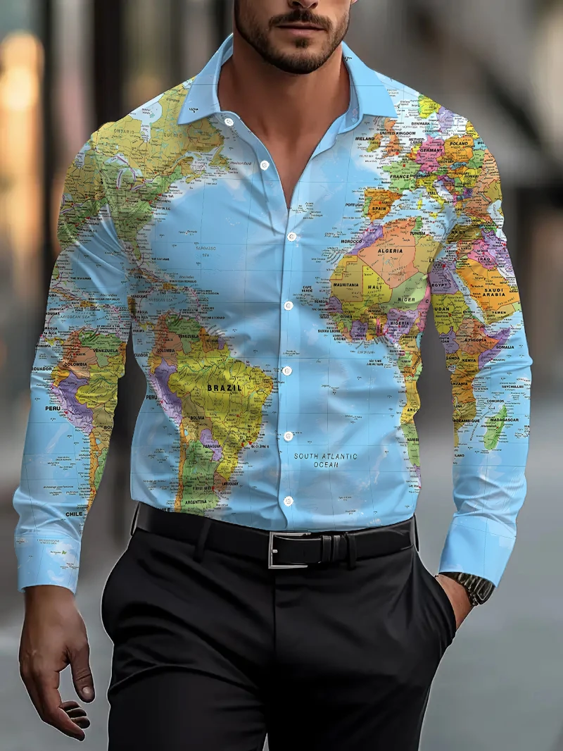 Camicia da uomo con motivo stampato in 3D, camicia a maniche lunghe con motivo mappa del stilista monopetto