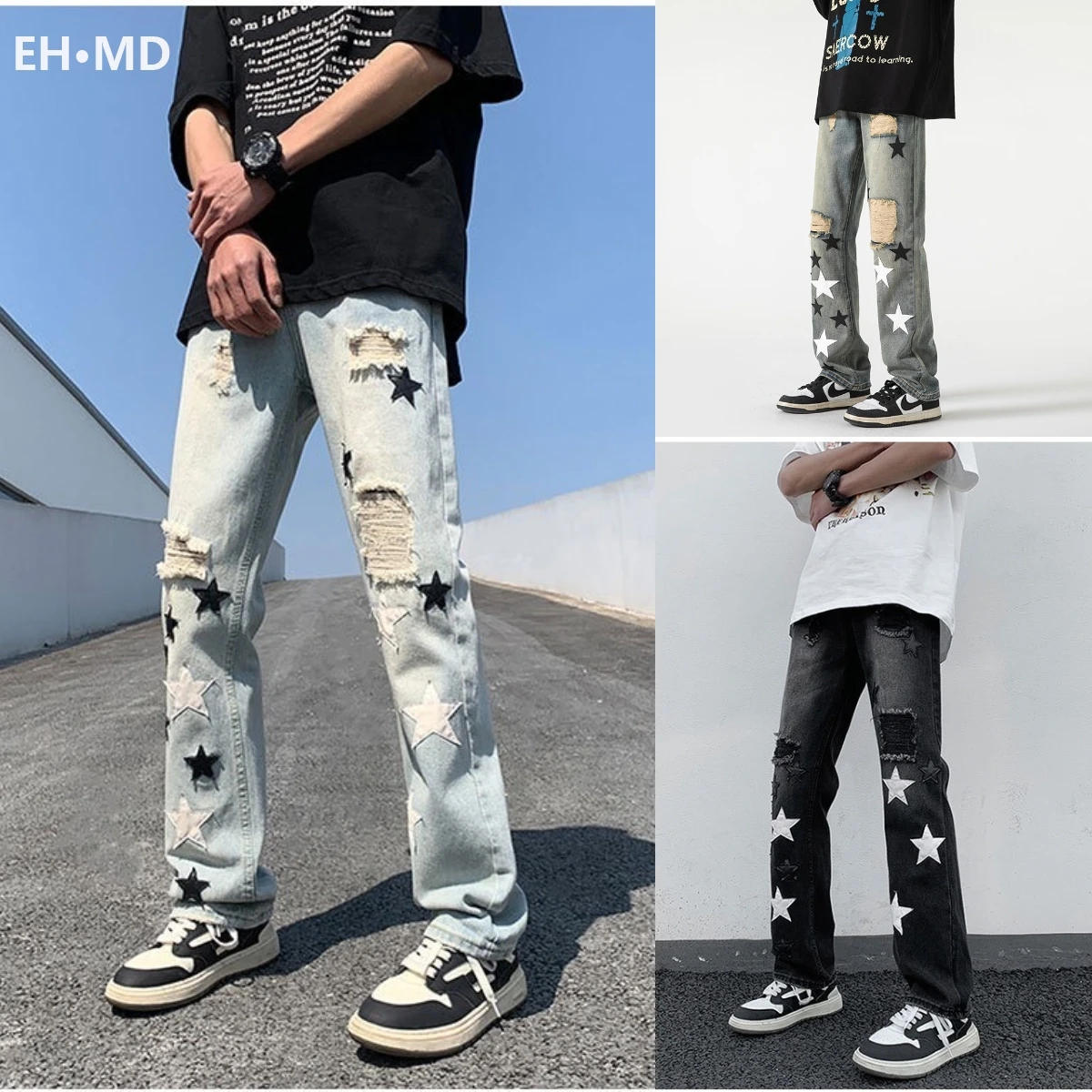 

Summer Star Embroidered Word Art Jeans Men's Ripped Casual Slim Cotton Stretch Scratch Blue Gradient Splashing Ink Pants Hole 24