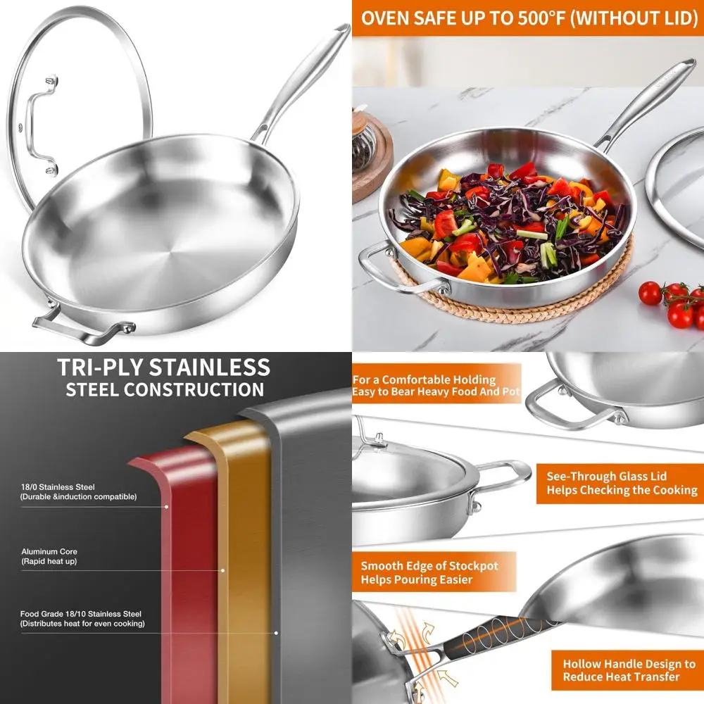 

Большая 14-дюймовая сверхмощная сковорода из нержавеющей стали с крышкой, совместимая с индукцией и газом, безопасная для электрической варочной панели, до 65% Hea