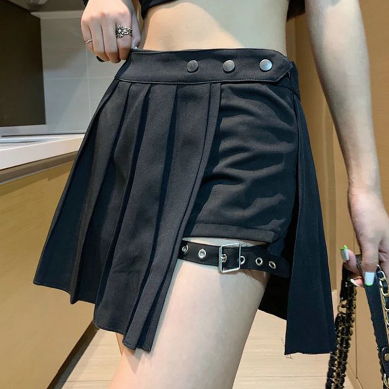 

American retro fashion sexy leg ring skirt pleated skirt female spring and summer new temperament dark Gothic casual skirt.
