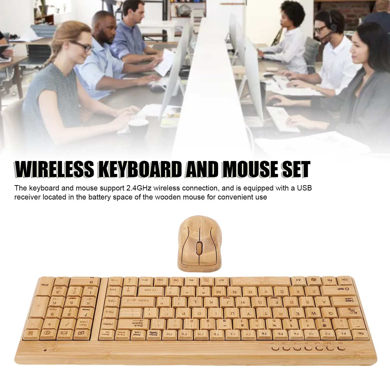 Bamboo Keyboard Mouse Combo 2.4G Wireless Keyboard Mouse Set Handcrafted Full Bamboo Keyboard and Mouse Combo with USB Receiver