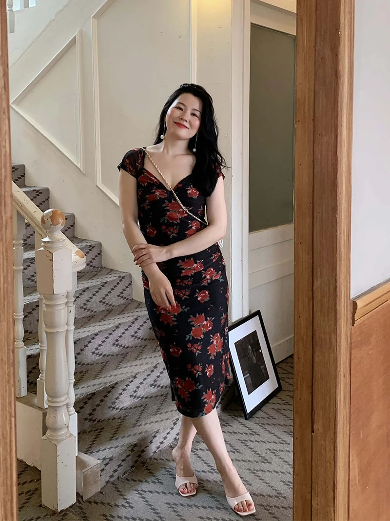 

Sexy Floral Midi Dr Large Size Spring Summer New Sle V-ne High-waist A-line Skirt Polyester Spandex Blend Casual Wear