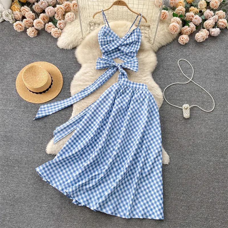 

Модный комплект из двух предметов без бретелек, женская повседневная юбка трапециевидной формы в клетку с принтом, комплекты морской вечеринки, праздничная одежда