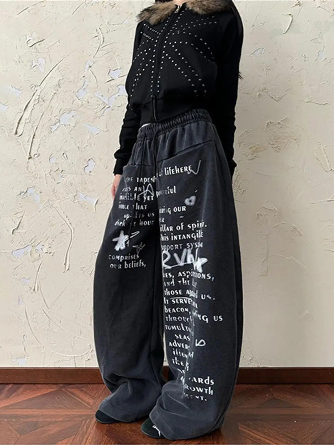 

Retro Letter Print Wide Leg Sweatpants Loose Comfortable Lazy Style Sport Casual Trousers Unisex Spring Summer Fashion