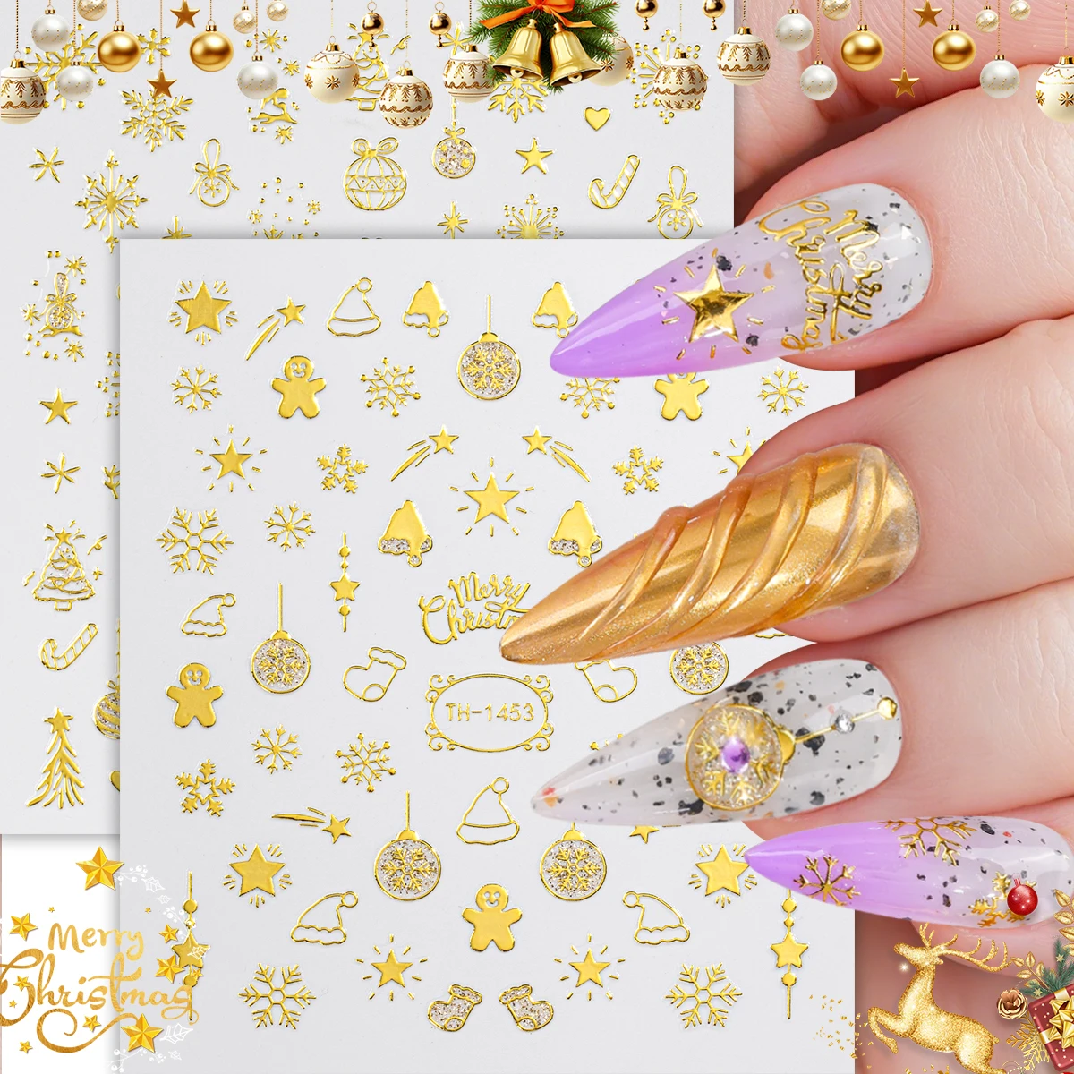 

2pcs Christmas Nail Art Sticker 3D Gold Snowflakes Stars Bells Cane Candy Self-Adhesive Nail Decal for DIY Manicure Decoration