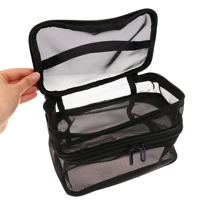 1pc Mesh Cosmetic Bag Mesh Makeup Bags Pouch per uffici borse da viaggio borse da toilette a doppio strato