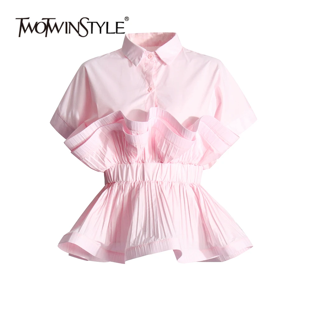 TWOTWINSTYLE Patchwork Ruffles Solid Shirts For Women Lapel Short Sleeve Spliced Single Breasted Designer Blouse Female Style