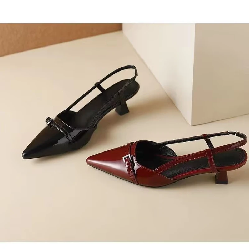 ​​2025 French Pointed Sandals Burgundy Patent Crisscross Straps Metal Decor Slim Heel Open-Back Fairy Sandals image 2