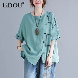 Summer New Oversize Cotton Hemp T-Shirts Women Round Neck Short Sleeve Asymmetrical Solid Color Pullovers Fashion All-match Tops