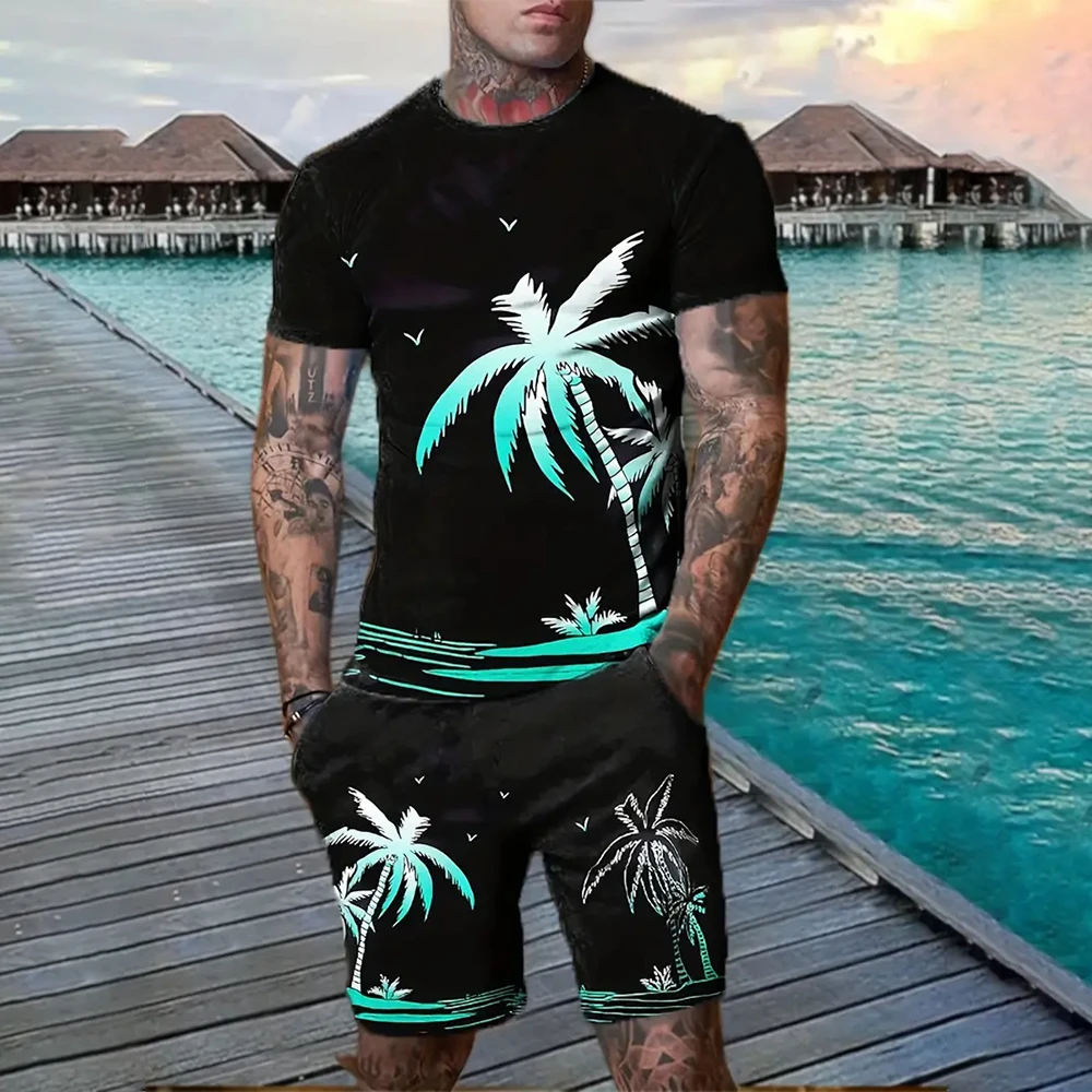 Men\'s Coconut Tree Print Fashionable Round Neck Short Sleeve T-Shirt With Drawstring Shorts 2-Piece Quick Drying Sportswear Set