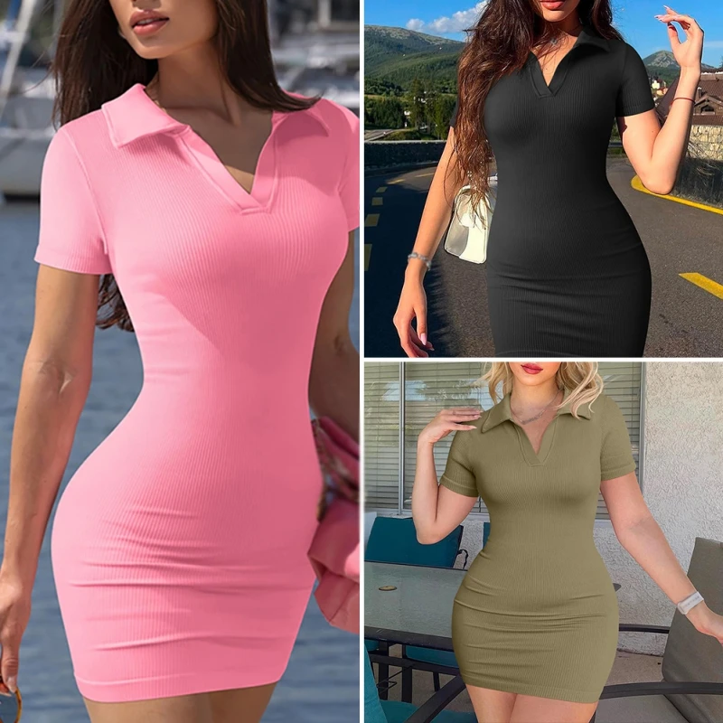 Women\'s Summer Solid Color Pit Lapel Hip Cover Dress Sexy Clothing