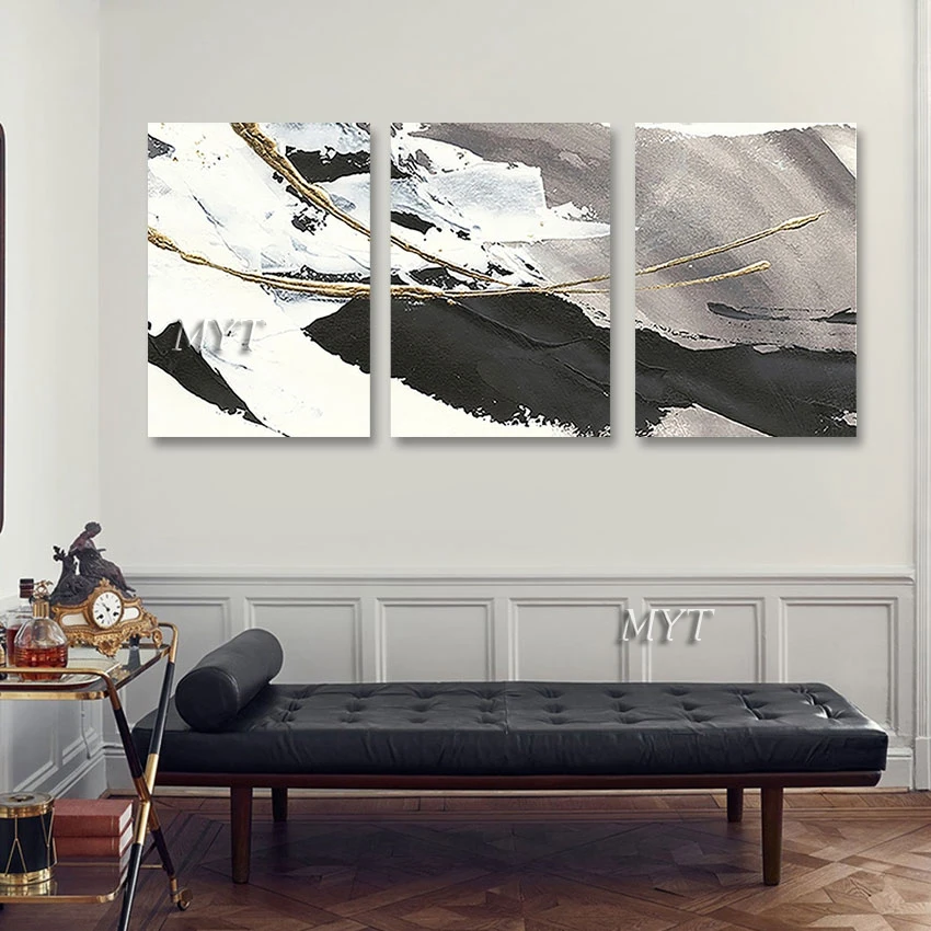 

Modern Thick Acrylic Art Wall Picture, Black and White, Abstract, Bedroom Decoration, Unframed Canvas Knife, Oil Painting, 3PCS