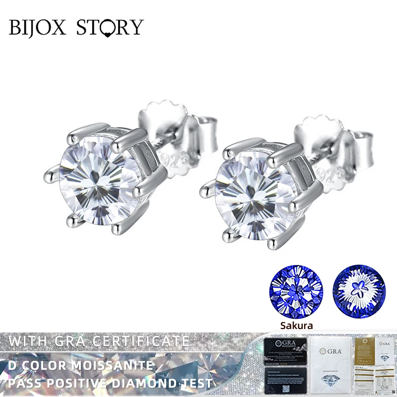 BIJOX STORY S925 Silver 1 Carat Moissanite Earrings for Women Love 100 Plum Blossom Sakura Cutting Fine Jewelry Wedding Earrings