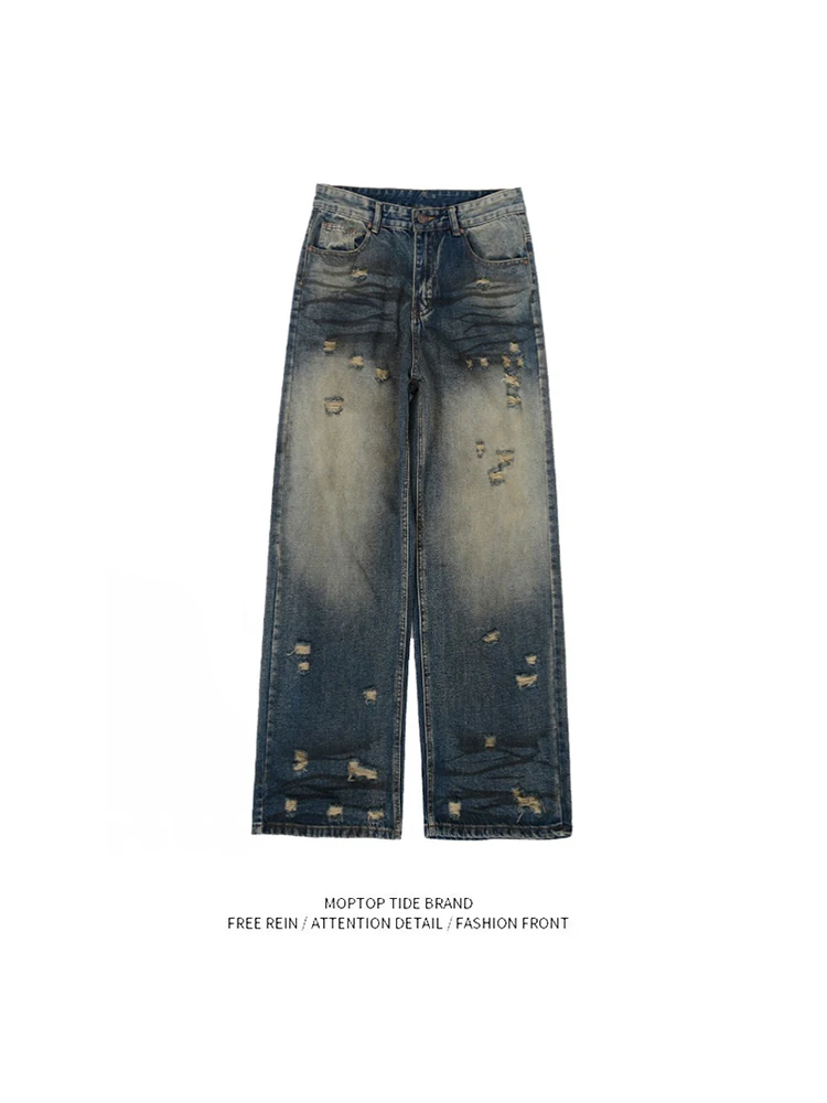 

Джинсы с рваным эффектом и узором «усы», американского кроя, свободные, прямые, широкие штанины, молодежные, модные, из хлопка с микроэластаном