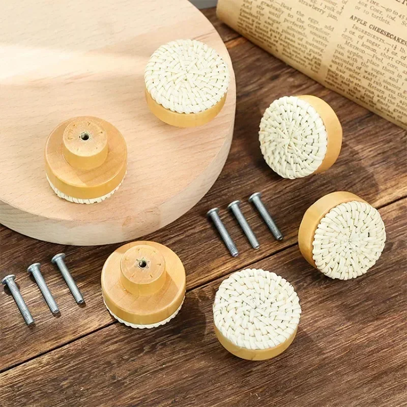 1pcs Wooden Handles Dresser Knobs Round Rattan Furniture Handles Handmade Kitchen Cupboard Drawer Knobs