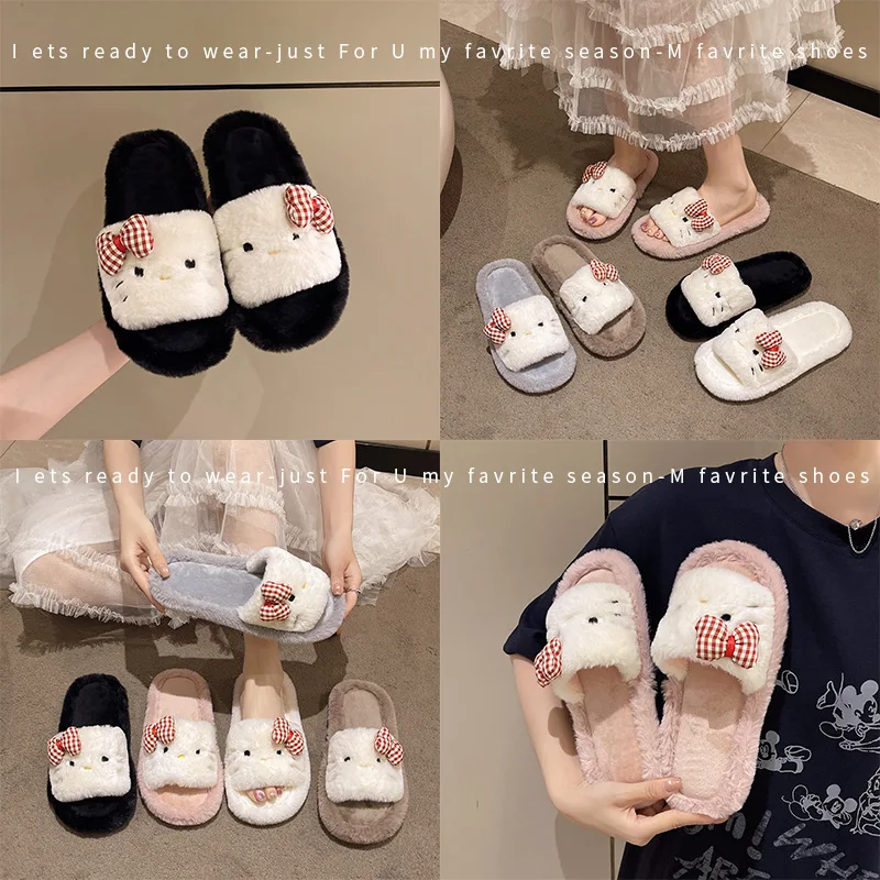 شباشب منفوشة على شكل قطة كرتونية KT لدفء الخريف والشتاء للسيدات، شباشب قطنية بفتحة على الأرض #3