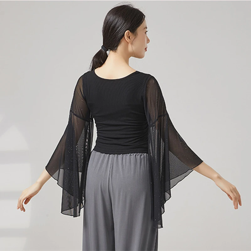 Classical Dance Top Women Flared Sleeve Shirt Spliced Mesh Training Performance Competition Costume Flowy Chinese Folk Dancewear