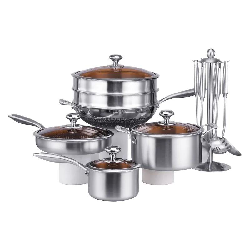 

High Quality Non Stick Stainless Steel 16 Pcs Cooking Pot Cookware Set Double Layers Steamer Pot Kitchen Ware With Glass Lid