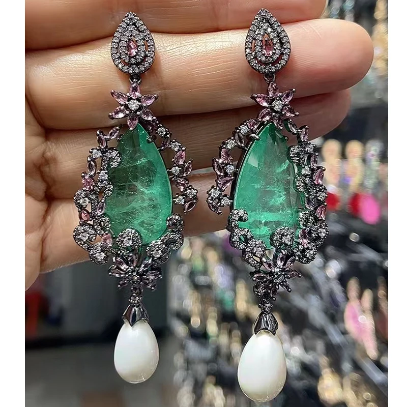 

Green Fushia Pink Earrings Long Tassel Water Drop Earrings Leaf Plant Jewelry