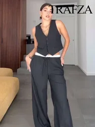 TRAFZA-Conjunto de chaleco elegante para mujer, pantalones de pierna ancha con cordón de retazos, Tops sin mangas informales con cuello en V, moda de verano