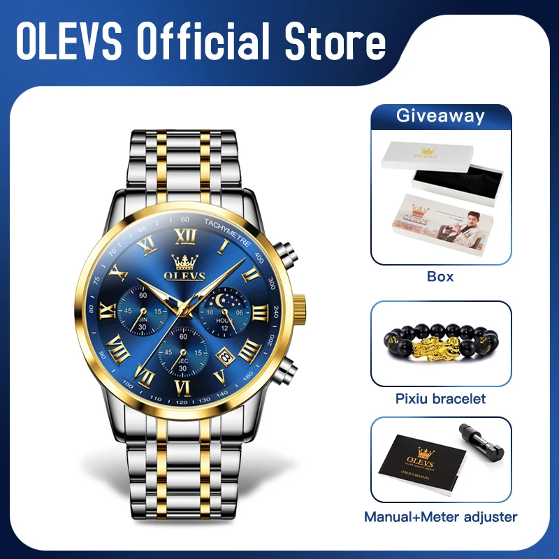 OLEVS 5529 Mens Watch Original Waterproof Luminous Quartz Watch Automatic Date Watch For Men Moon Phase With Box Reloj Hombre