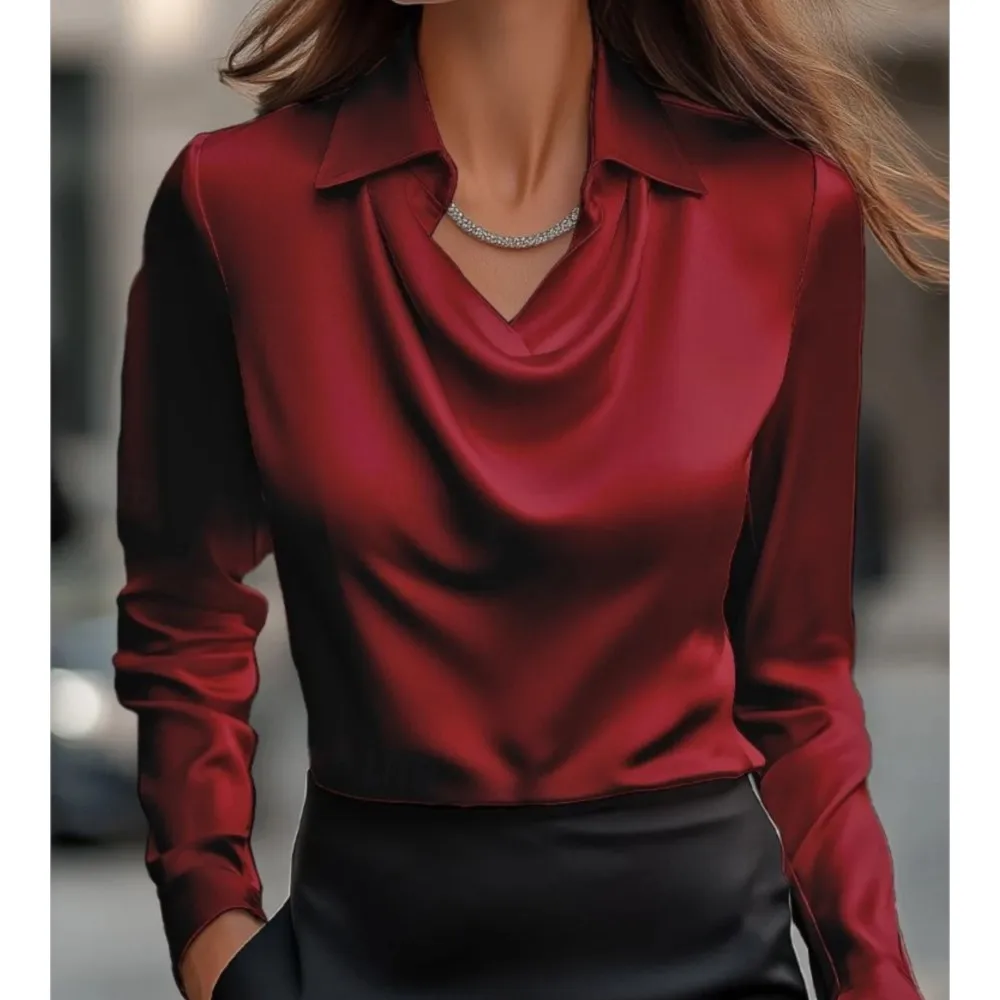 Immagine 7: Camicia da donna in raso retrò a maniche lunghe primavera autunno nuovo stile tinta unita semplice colletto altalena colletto della camicia top da donna