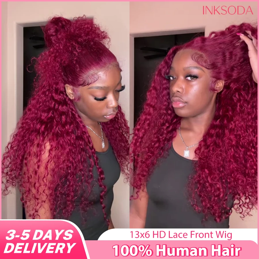 

Burgundy Deep Wave 13x6 HD Transparent Frontal Wig Colored 99j Curly 13x4 Lace Front Human Hair Wigs Preplucked For Women 220%