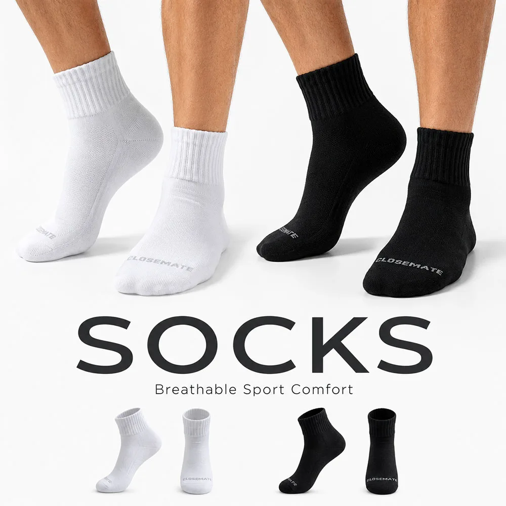1/2pairs Men Crew Sports Socks Cotton Cushioned Athletic Socks Breathable Moisture Wicking Reinforced Short Mid Calf Socks