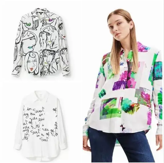 

Foreign Trade Original Order Spain New Women's Shirt Thin Lapel Hand-painted Graffiti Print Design Long Sleeve Shirt