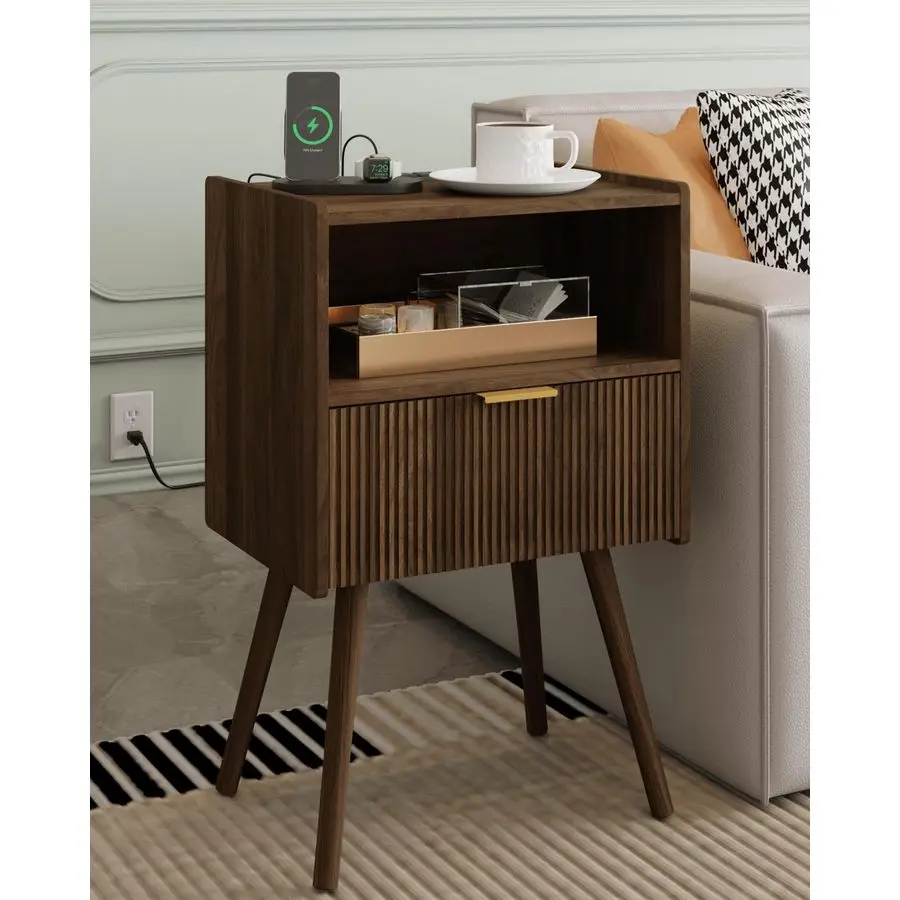 

Bedside Table with Storage Drawer and Open Wood Shelf, Accent Night Stand with Solid Wood Legs for Living Room, Bedroom and Smal