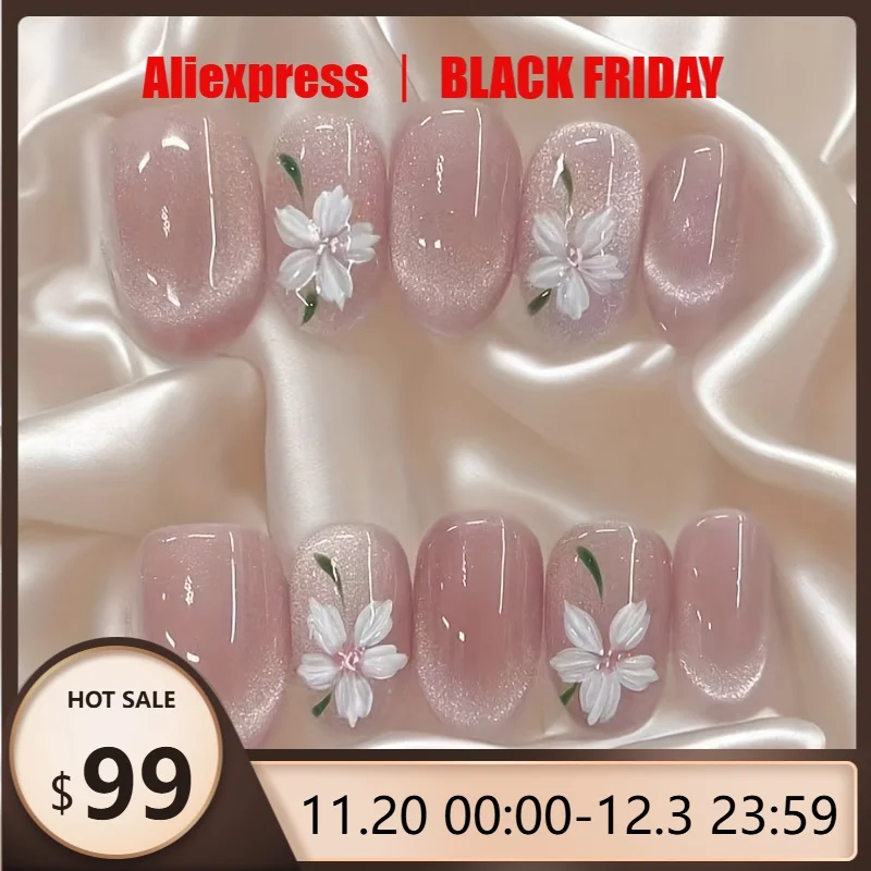 

10pcs/set Pink Hand-Painted 3D Cherry Blossom French Smile Cat Eye Press-On Nails - Oval Short Detachable Full Cover Fake Nails