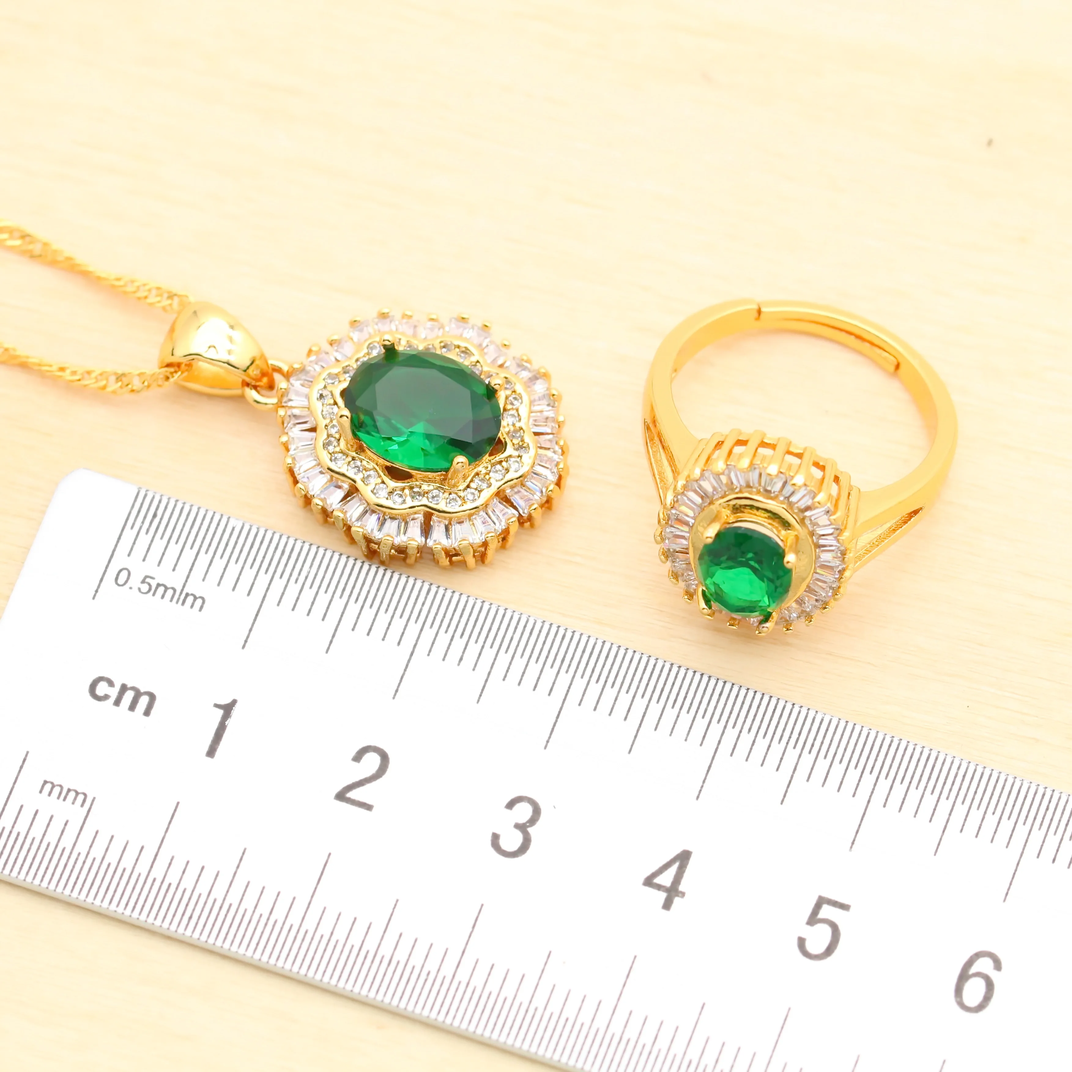 Amazing Green Zirconia Gold Plated Jewelry Sets for Women Earrings Necklace Pendant Open Ring Bracelet Christmas Birthday Gift