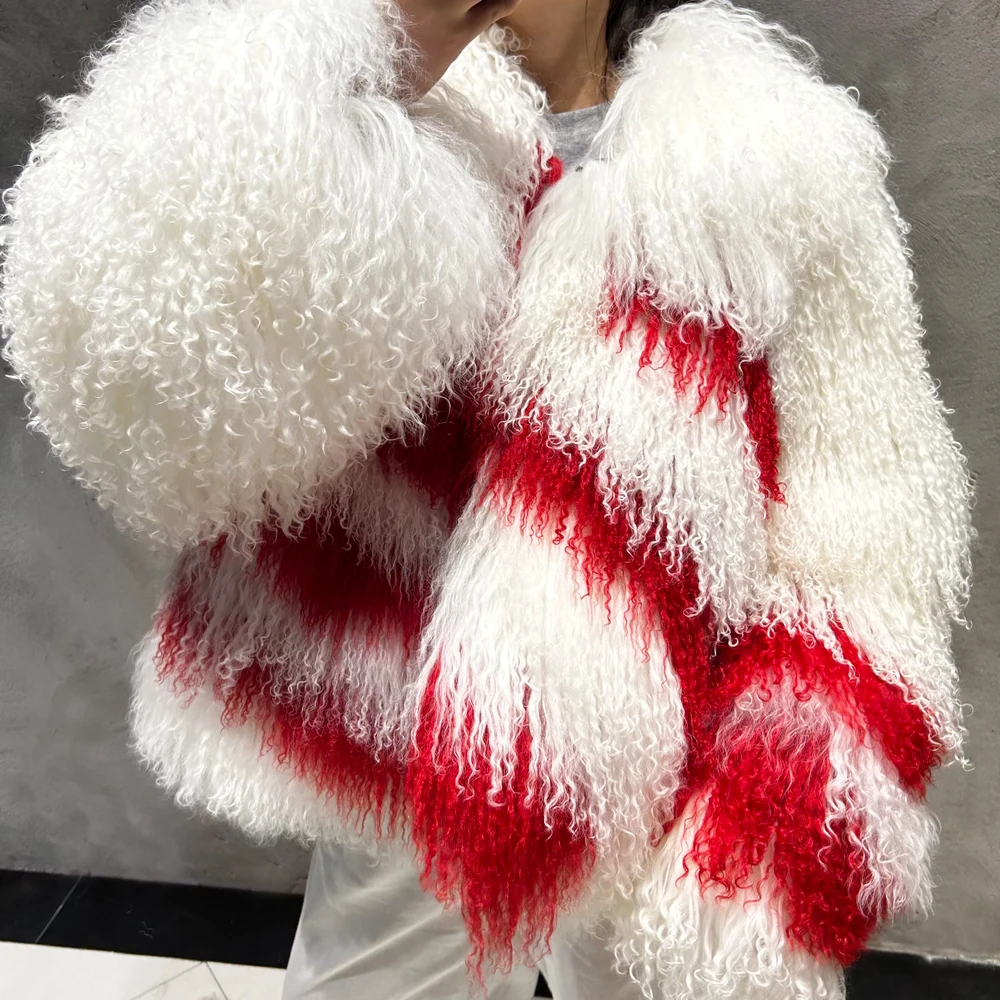 Abrigos de piel mongol blancos y rojos para mujer, abrigo de piel rizado y esponjoso, chaqueta de piel gruesa y cálida para invierno