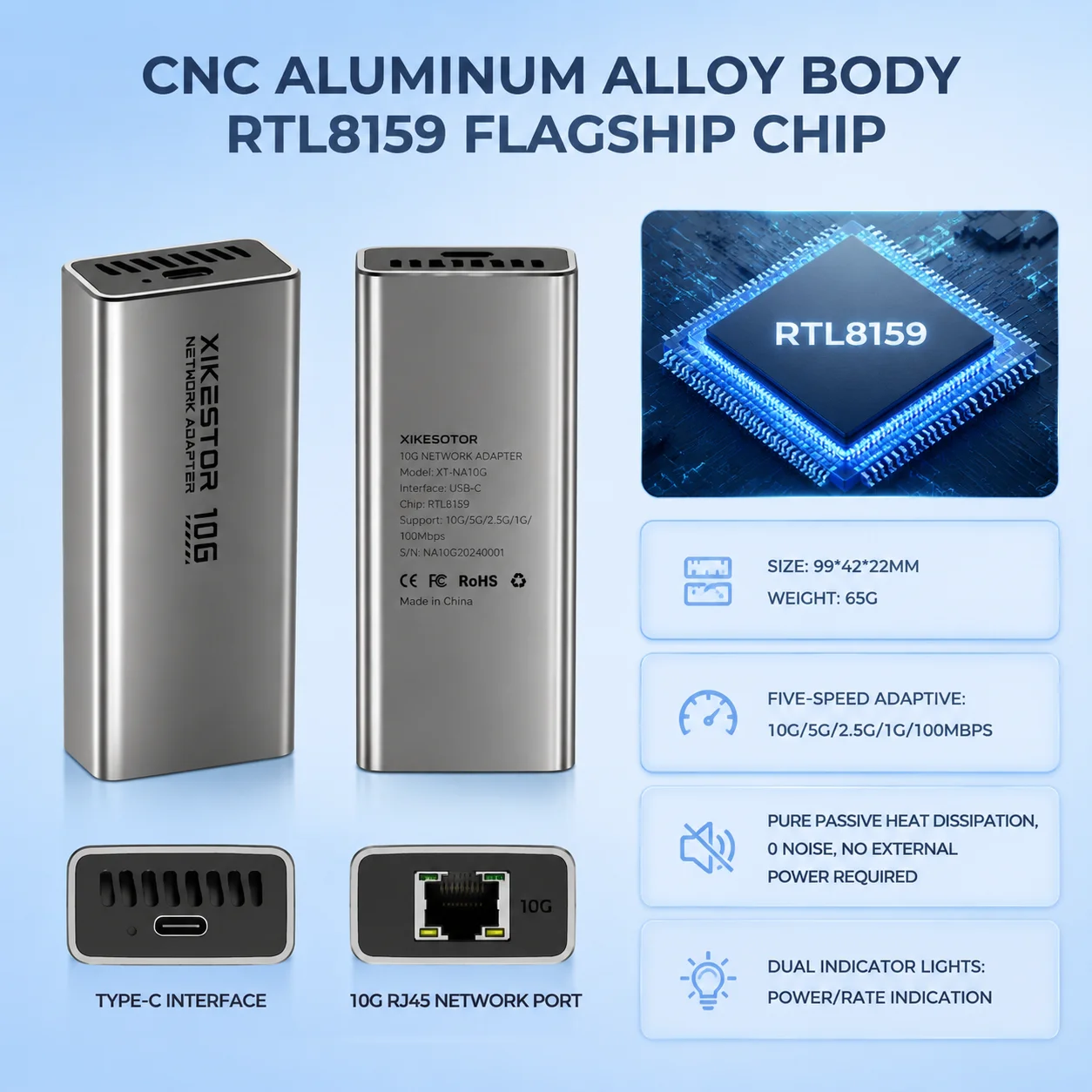 XikeStor Portable USB 10GbE Network Card RTL8159 Chip USB 3.2 to