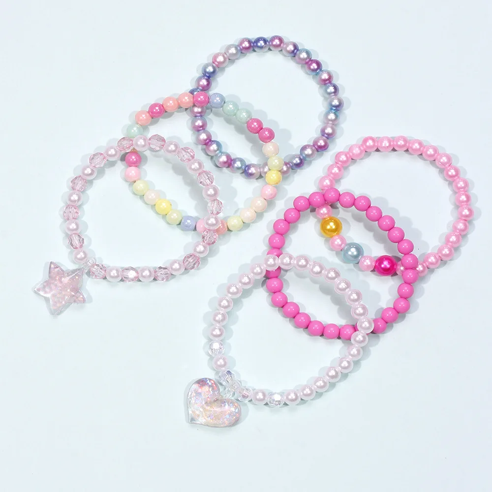 6pcs/set  Bracelet Party Bracelets Star Heart Candy Color Beads Children Kids Beads Bracelets Rings Set for Girls Gift