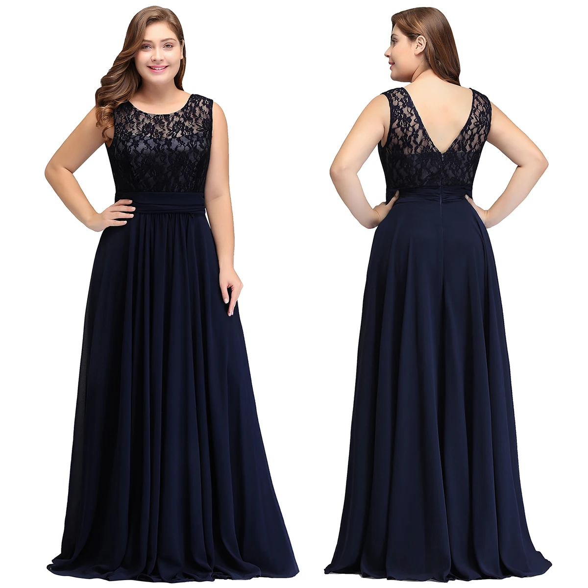 

Plus Size Mother Of The Bride Long Dresses V Back Sleeveless Evening Dress A-line Illusion Lace Prom Gowns Robe De Soiree