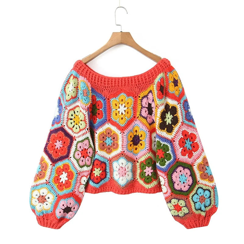 YENKYE Women Boho Multicolor Plaid Floral Handmade Crochet Crop Sweater Vintage Lantern Sleeve Loose Holiday Pullover Tops