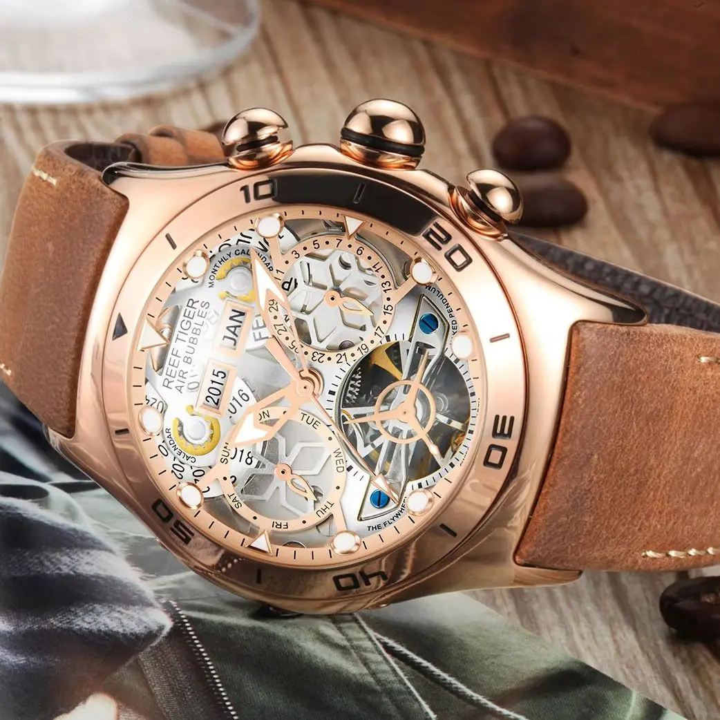 Reef Tiger Men Automatic Watch 44mm Mechanical Wristwatch 50M Waterproof Luminous Bubble Mirror Multi-Dial Year Month Week Date