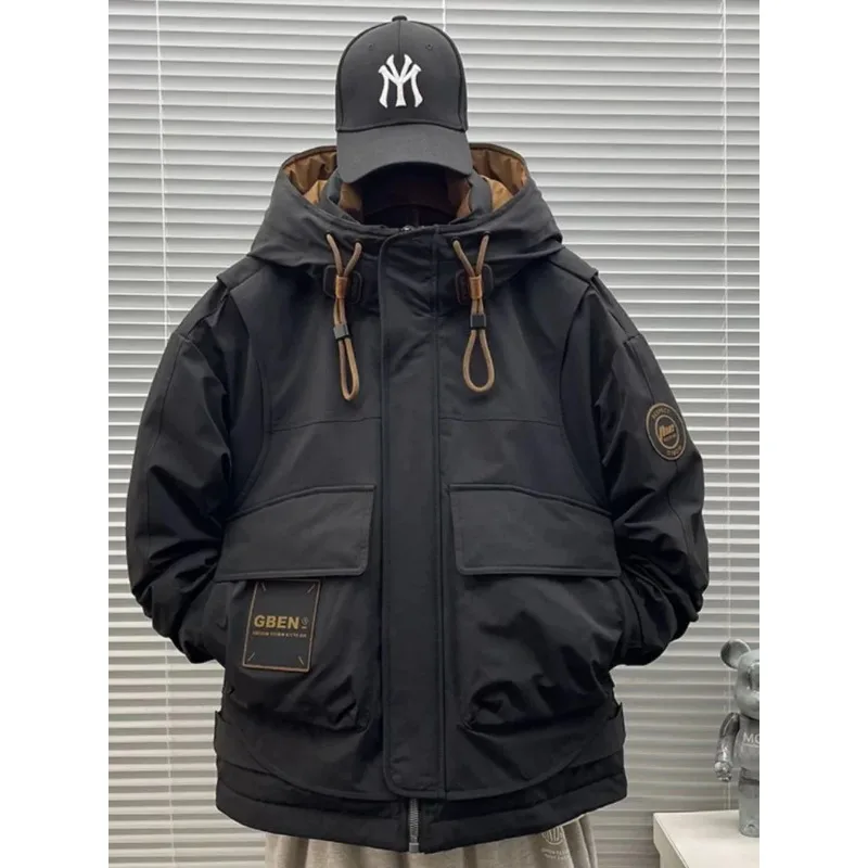 Winter Men Jacket Warm Coat Hooded Cargo Puffer Jacket Luxury High-end Multi-pocket Windproof Outerwear Outdoor Windbreaker