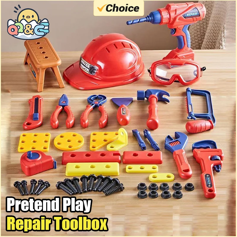 48 Piece Repair Toolbox Kit Puzzle Assembly Children Pretend Play Game Toy Set Drill Educational Toys for Kids Girls Gifts