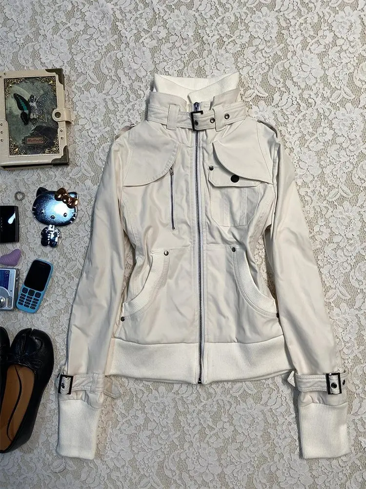White Stand Collar Moto&Biker Coat Women American Vintage Long Sleeve Zipper Tops Mujer 2025 Spring Autumn New Jackets