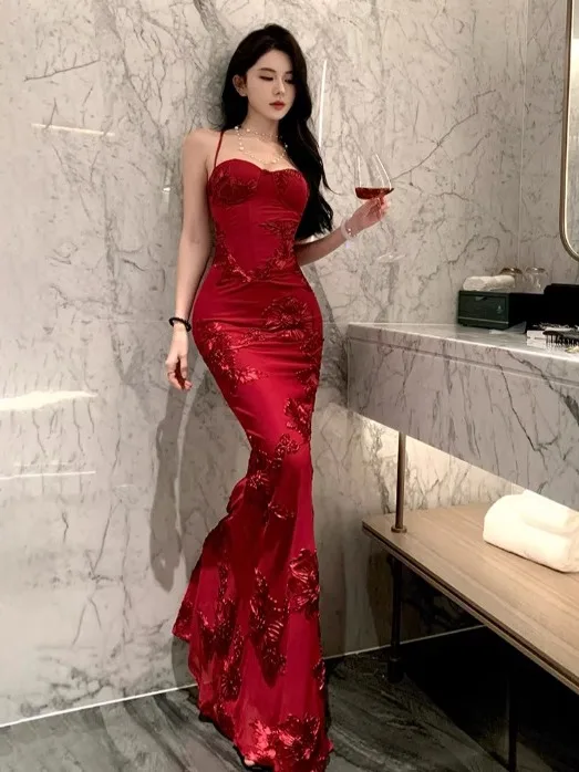 

Women's Elegant Red Evening Derss Lace Embroidery Backless Bandage Bodycon Mermaid Skirt Luxury Events Party Prom Vestidos Robe