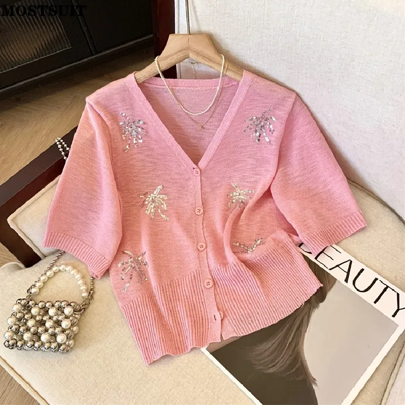 Sequins Stylish Elegant Cardigan Sweater Women Knit T-shirts Tees 2024 Summer Short Sleeve V-neck Solid Chic Ladies Knitwear Top