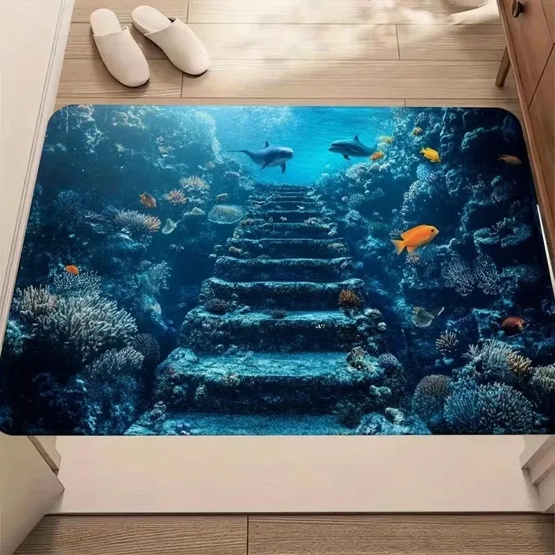 3D Ocean Dolphin Coral Staircase Non Slip Flannel Mat Creative Home Decor Floor Carpet for Bedroom Living Room Entrance