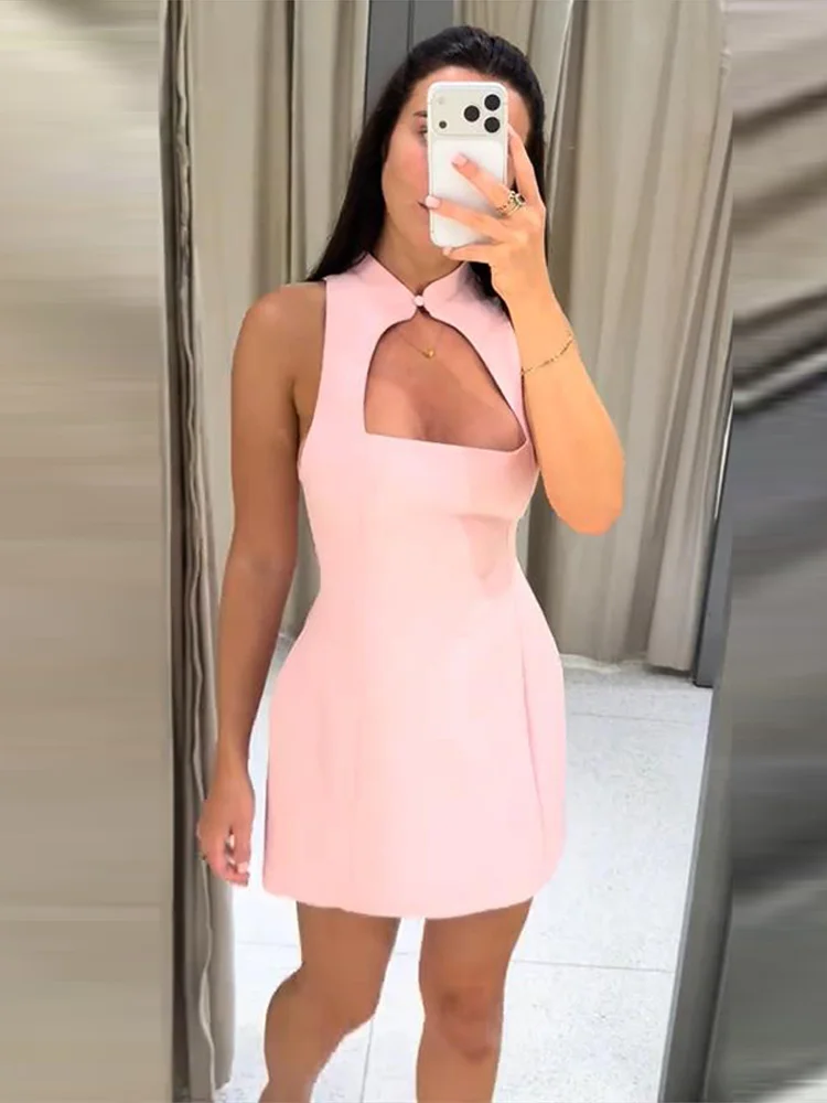 Plissiertes, ausgeschnittenes, tailliertes Minikleid für Damen – sexy, ärmellos, mit Einzelknopf und Reißverschluss, schmal geschnitten, charmantes Partykleid, neu – Detail 15
